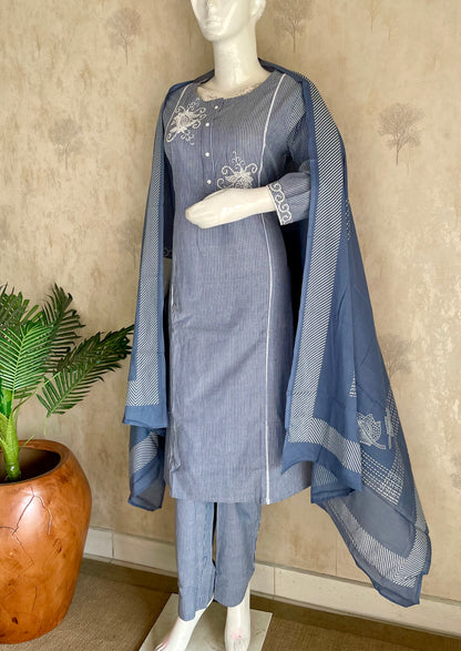 RaasRa Whispers in Blue — Handloom Cotton Stripe Kurta Set with Embroidery — view 2