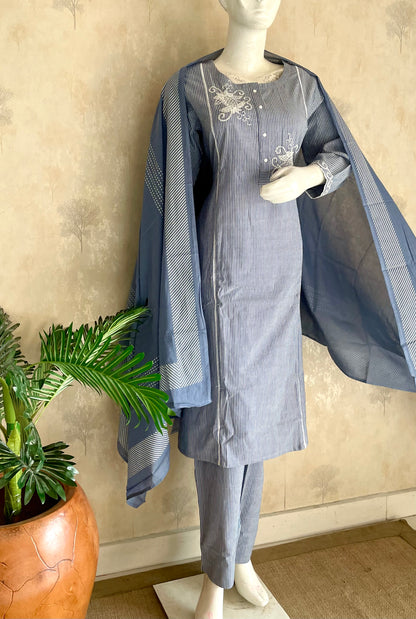RaasRa Whispers in Blue — Handloom Cotton Stripe Kurta Set with Embroidery — view 3