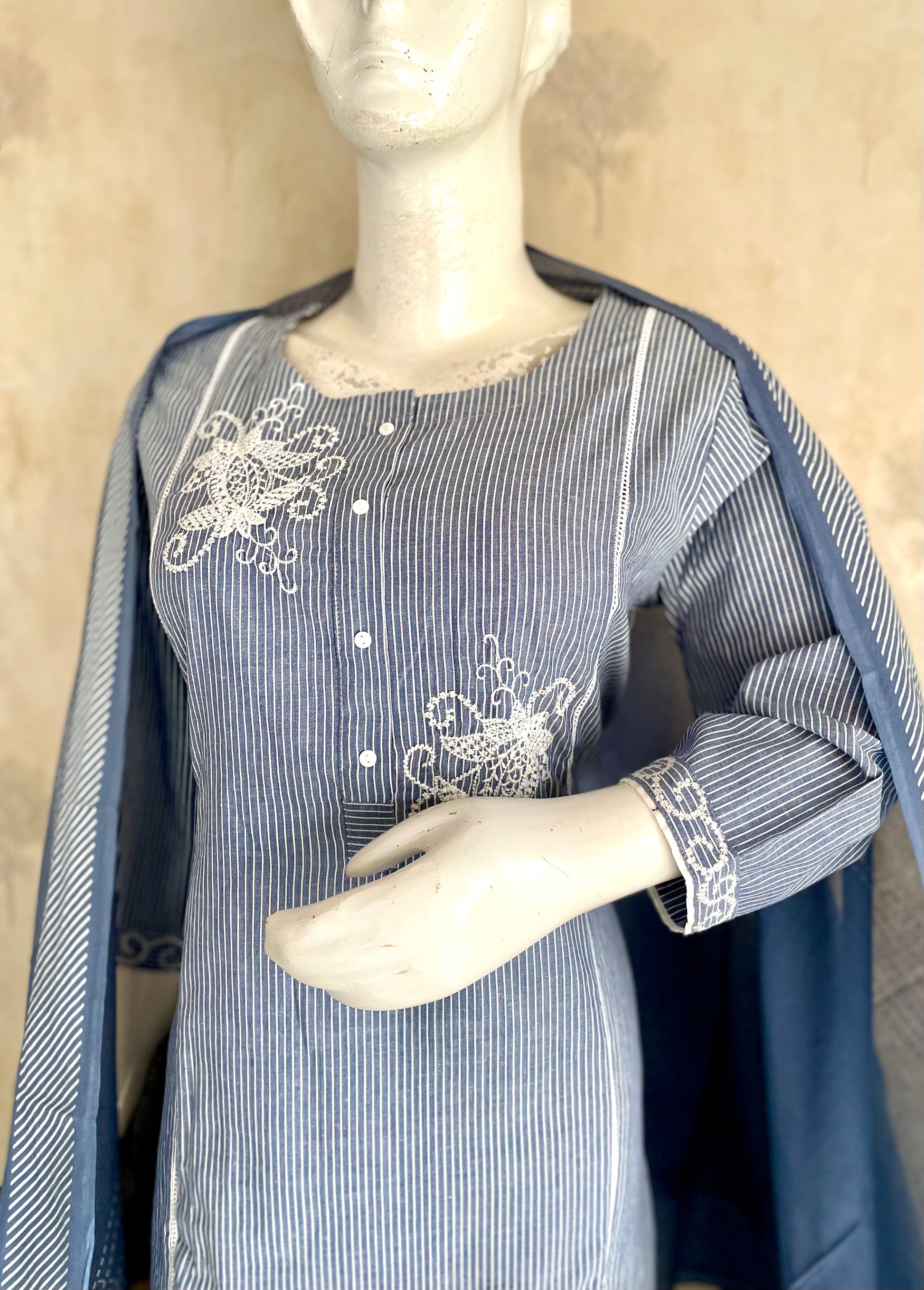 RaasRa Whispers in Blue — Handloom Cotton Stripe Kurta Set with Embroidery — view 4