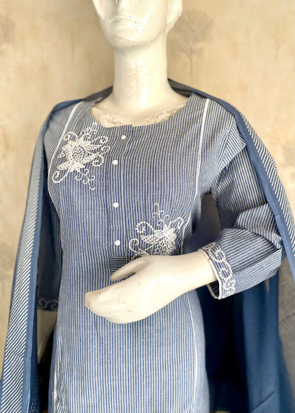 RaasRa Whispers in Blue — Handloom Cotton Stripe Kurta Set with Embroidery — view 4
