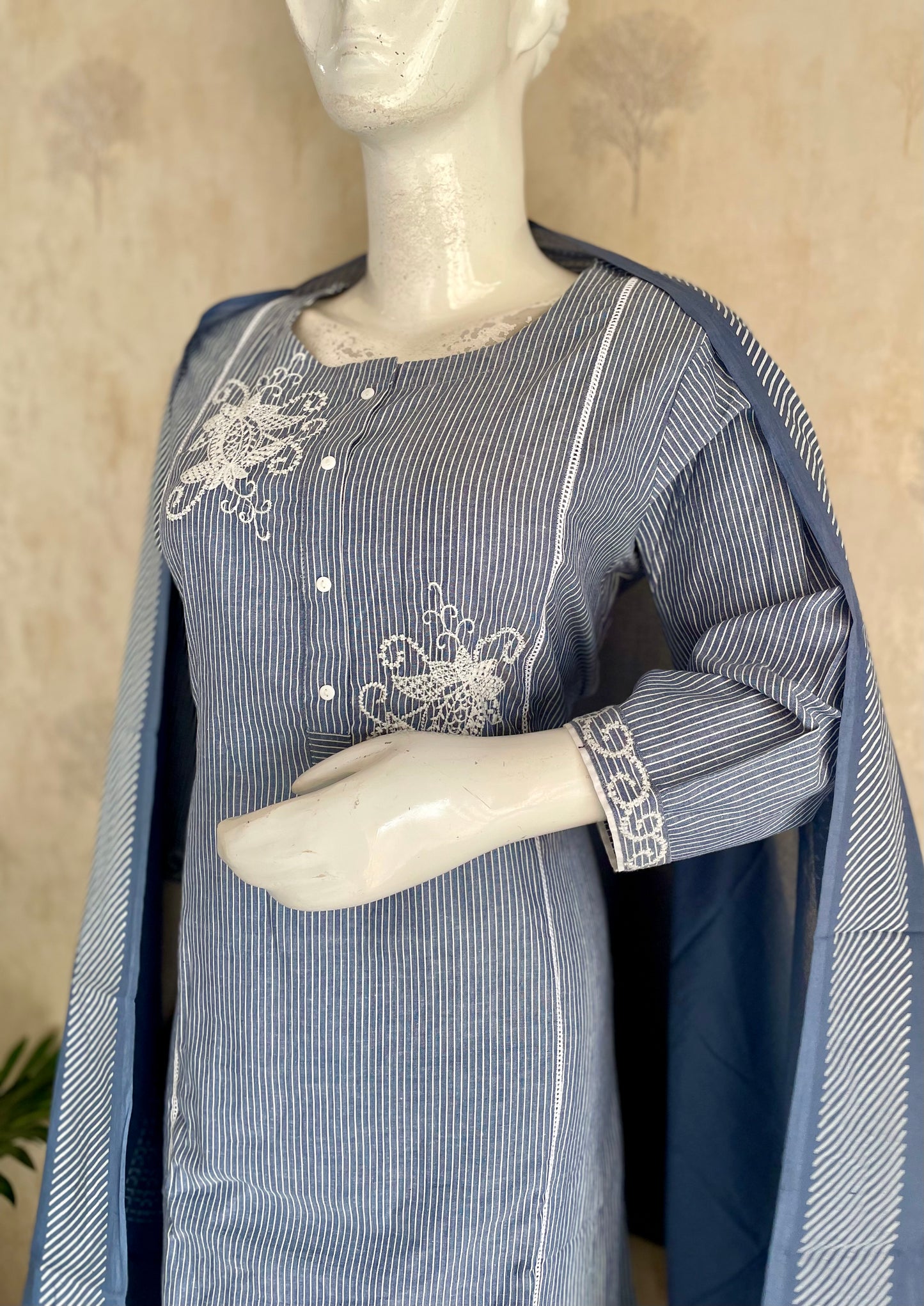 RaasRa Whispers in Blue — Handloom Cotton Stripe Kurta Set with Embroidery — view 7
