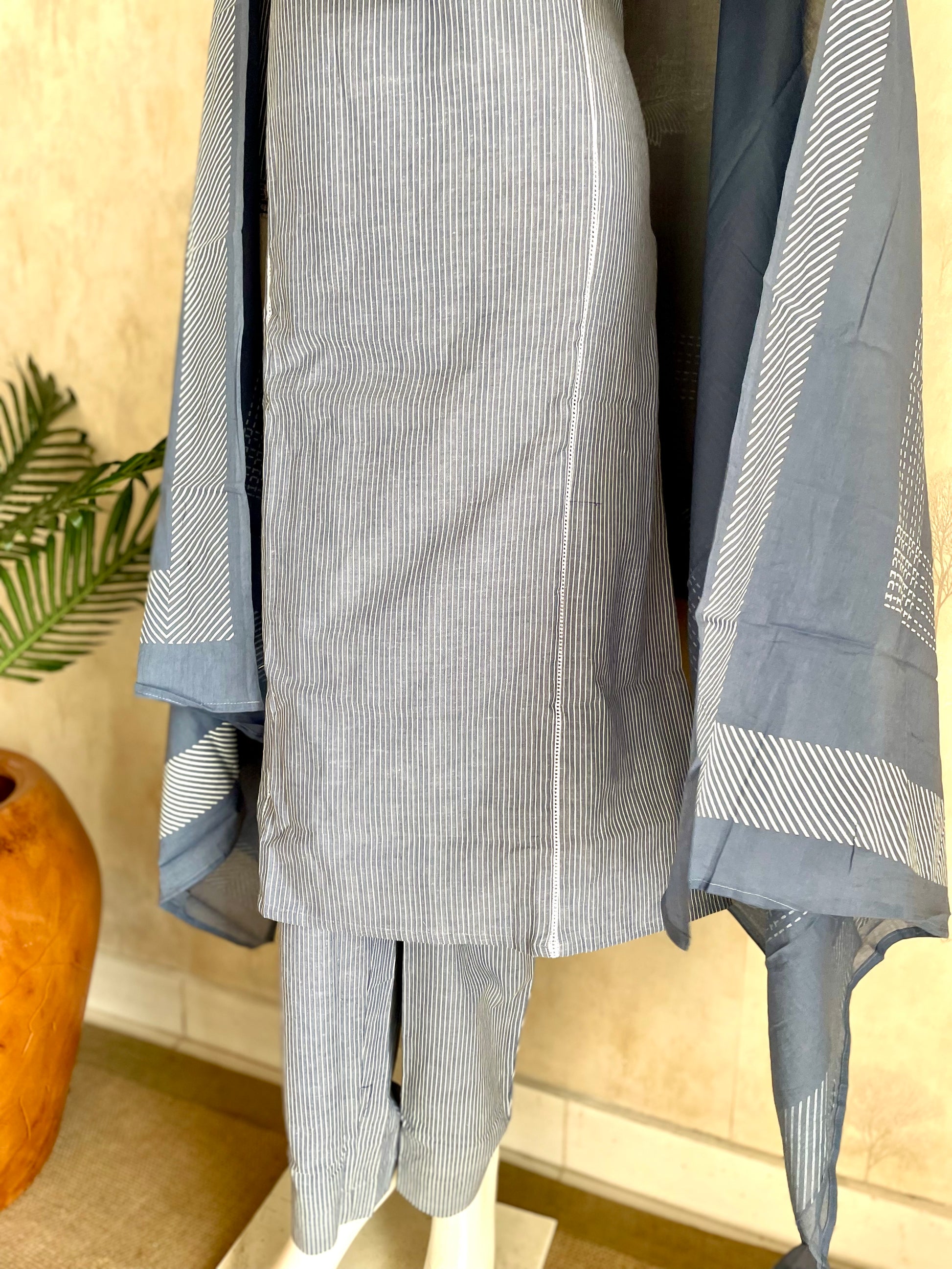 RaasRa Whispers in Blue — Handloom Cotton Stripe Kurta Set with Embroidery — view 8