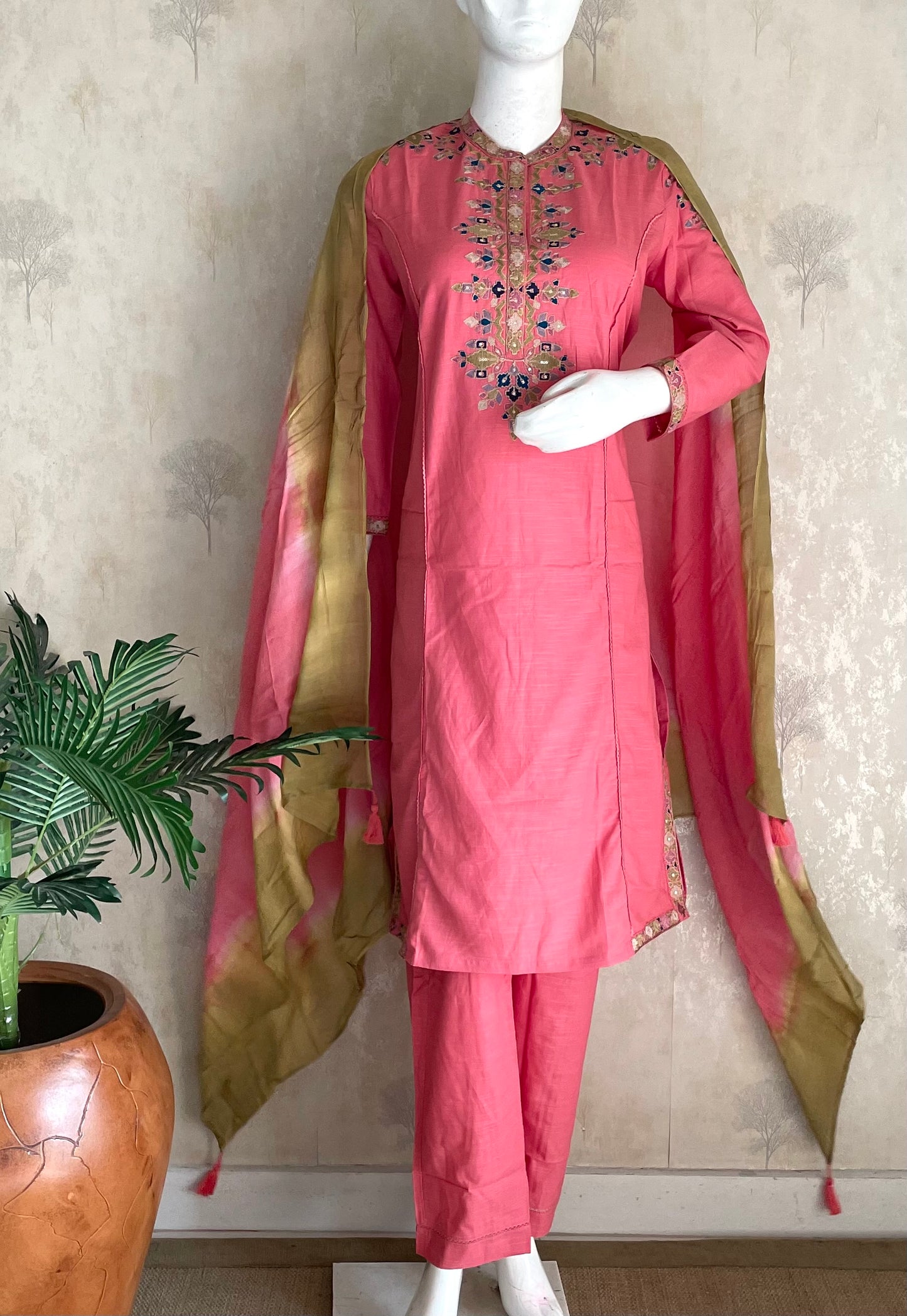 RaasRa pink cotton silk embroidered kurta set with shibori dupatta