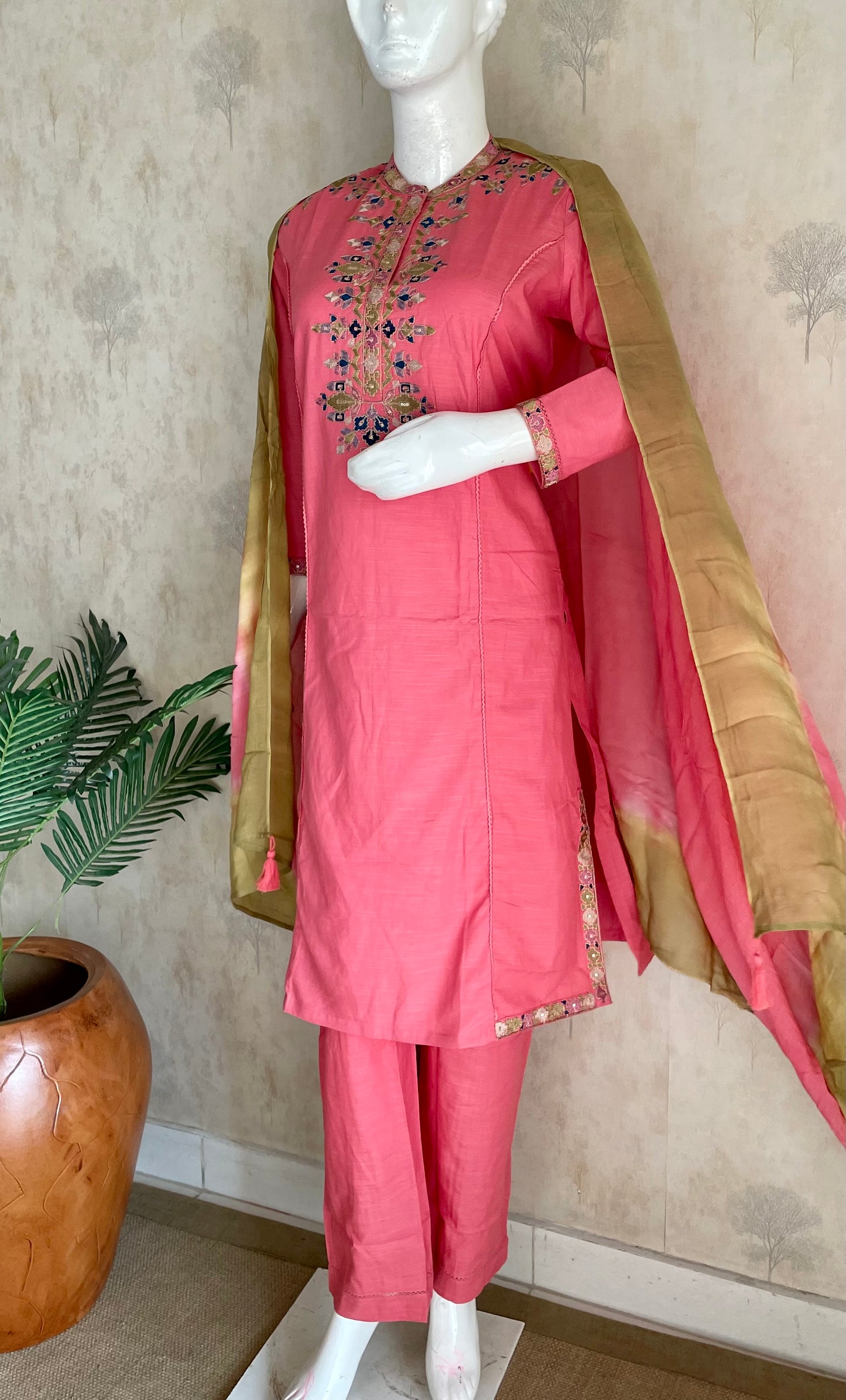RaasRa Rosy Reverie — Pink Cotton Silk Embroidered Kurta Set with Dupatta — view 2