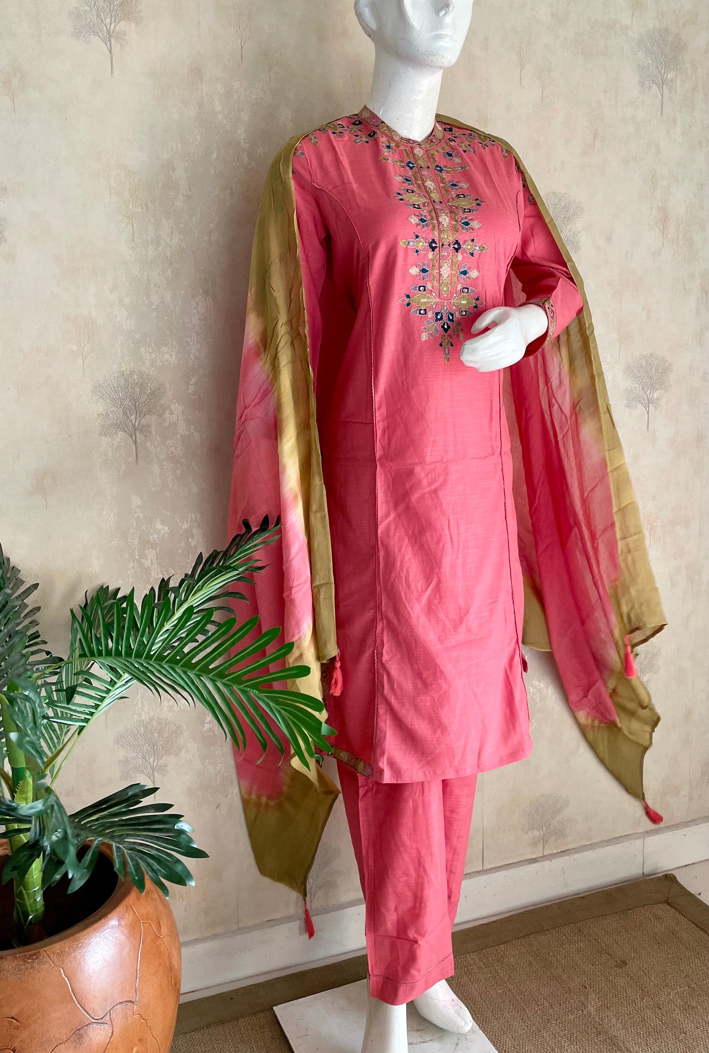 RaasRa Rosy Reverie — Pink Cotton Silk Embroidered Kurta Set with Dupatta — view 3