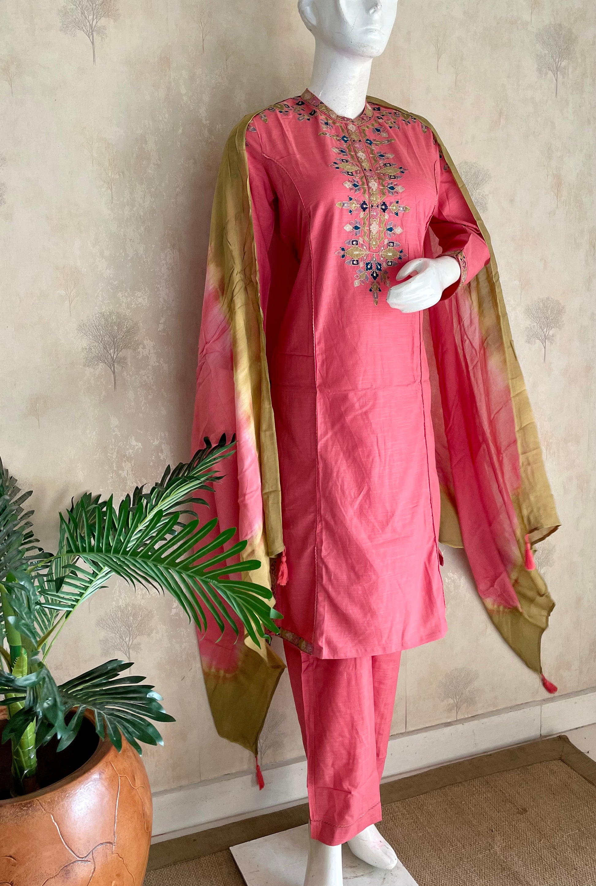 RaasRa Rosy Reverie — Pink Cotton Silk Embroidered Kurta Set with Dupatta — view 3