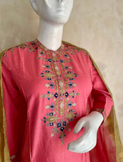 RaasRa Rosy Reverie — Pink Cotton Silk Embroidered Kurta Set with Dupatta — view 4