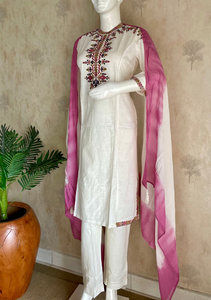 RaasRa Ivory Reverie — White Cotton Silk Kurta Set with Multicolour Embroidery & Rose Dupatta — view 2