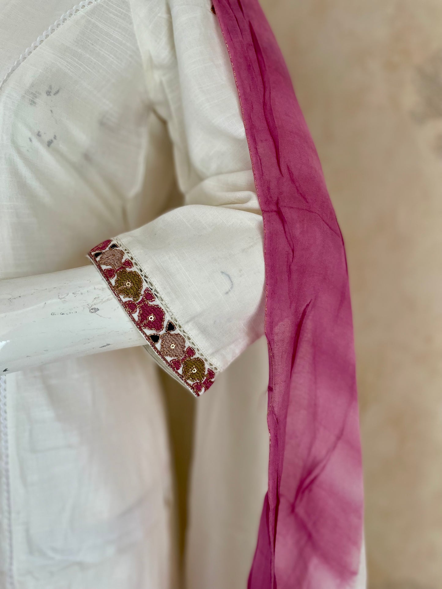 RaasRa Ivory Reverie — White Cotton Silk Kurta Set with Multicolour Embroidery & Rose Dupatta — view 6