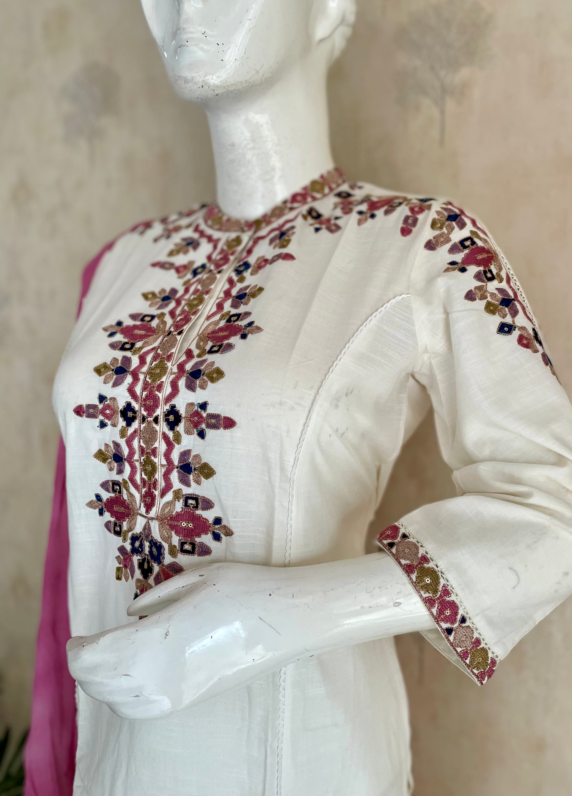 RaasRa Ivory Reverie — White Cotton Silk Kurta Set with Multicolour Embroidery & Rose Dupatta — view 7