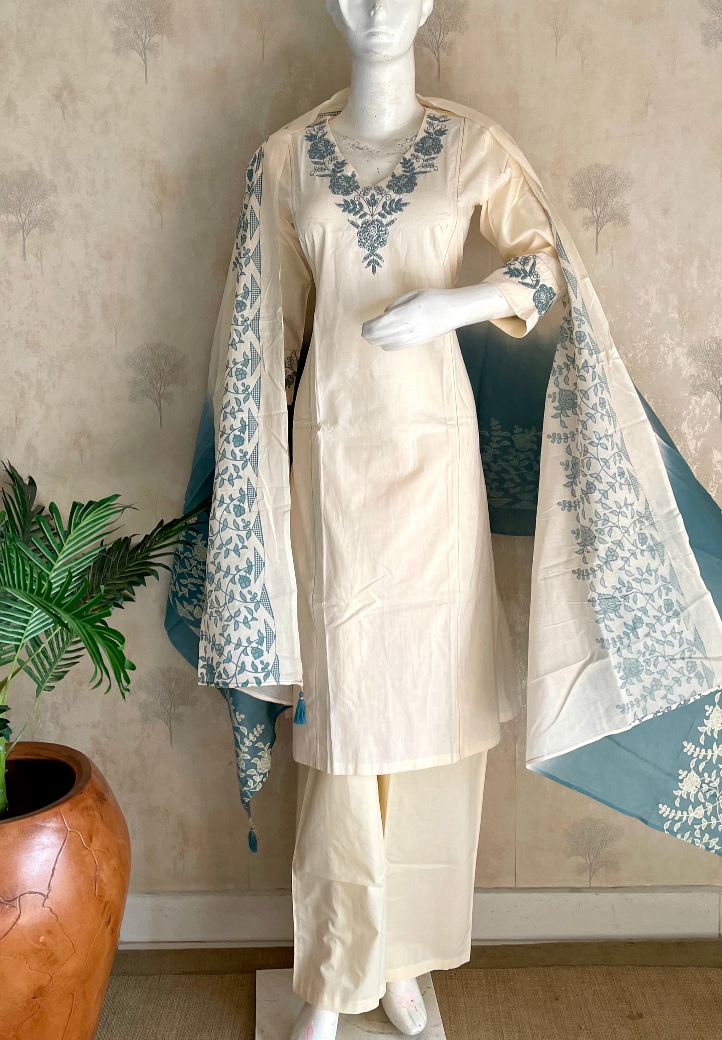 RaasRa off white cotton embroidery kurta set with printed dupatta and palazzo pants