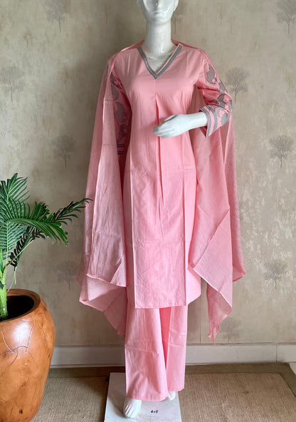 RaasRa pink mull cotton embroidered kurta set with dupatta and pants