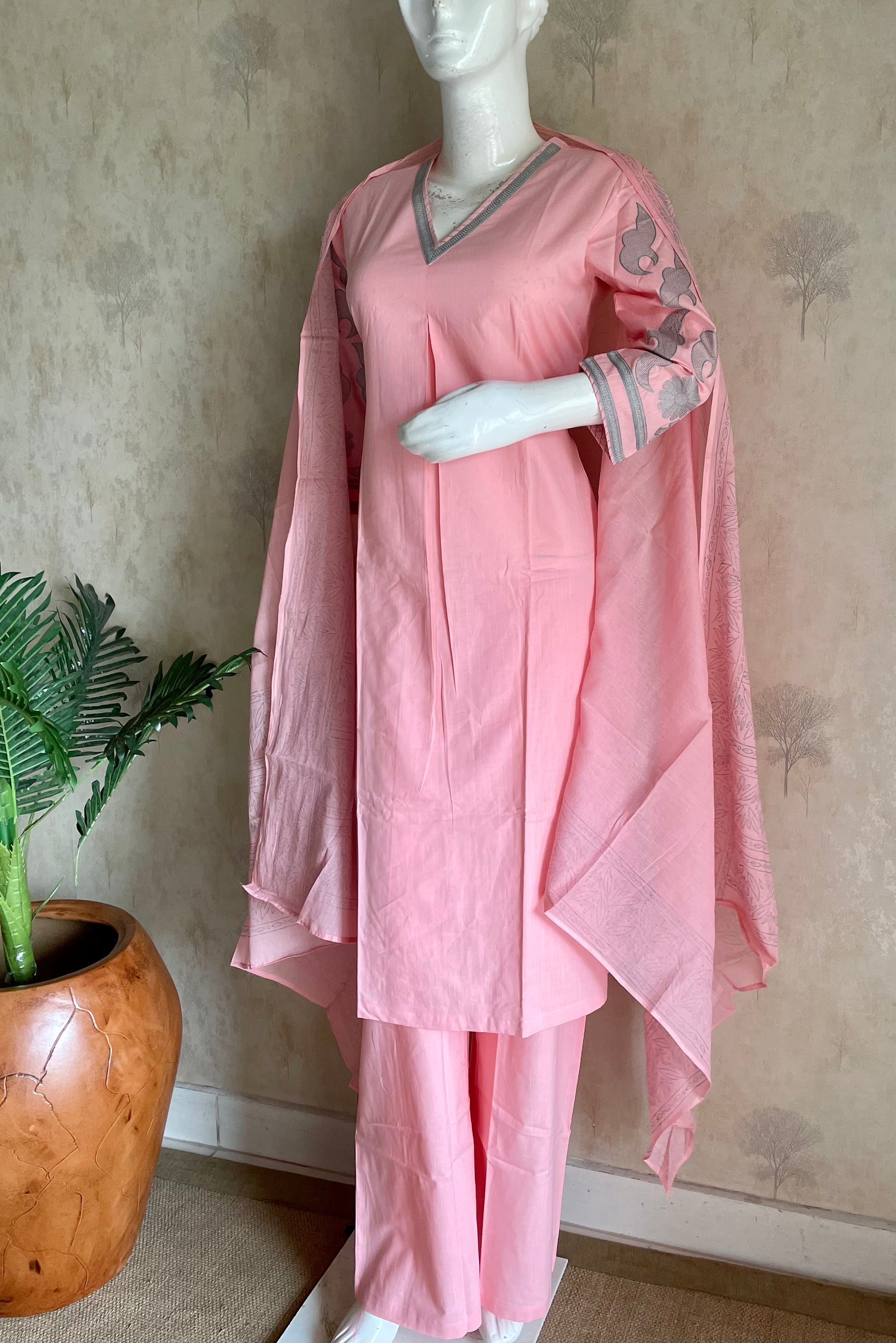 RaasRa Blushing Petal Drape — Pink Mull Cotton Embroidered Kurta Set — view 2