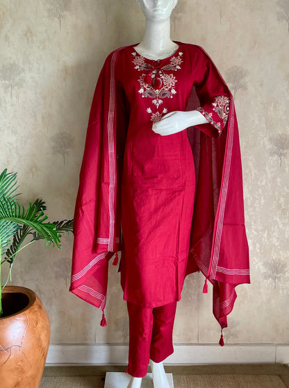 RaasRa red cotton embroidery kurta set with dupatta and pants