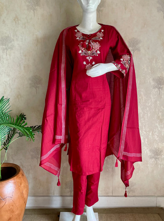 RaasRa red cotton embroidery kurta set with dupatta and pants