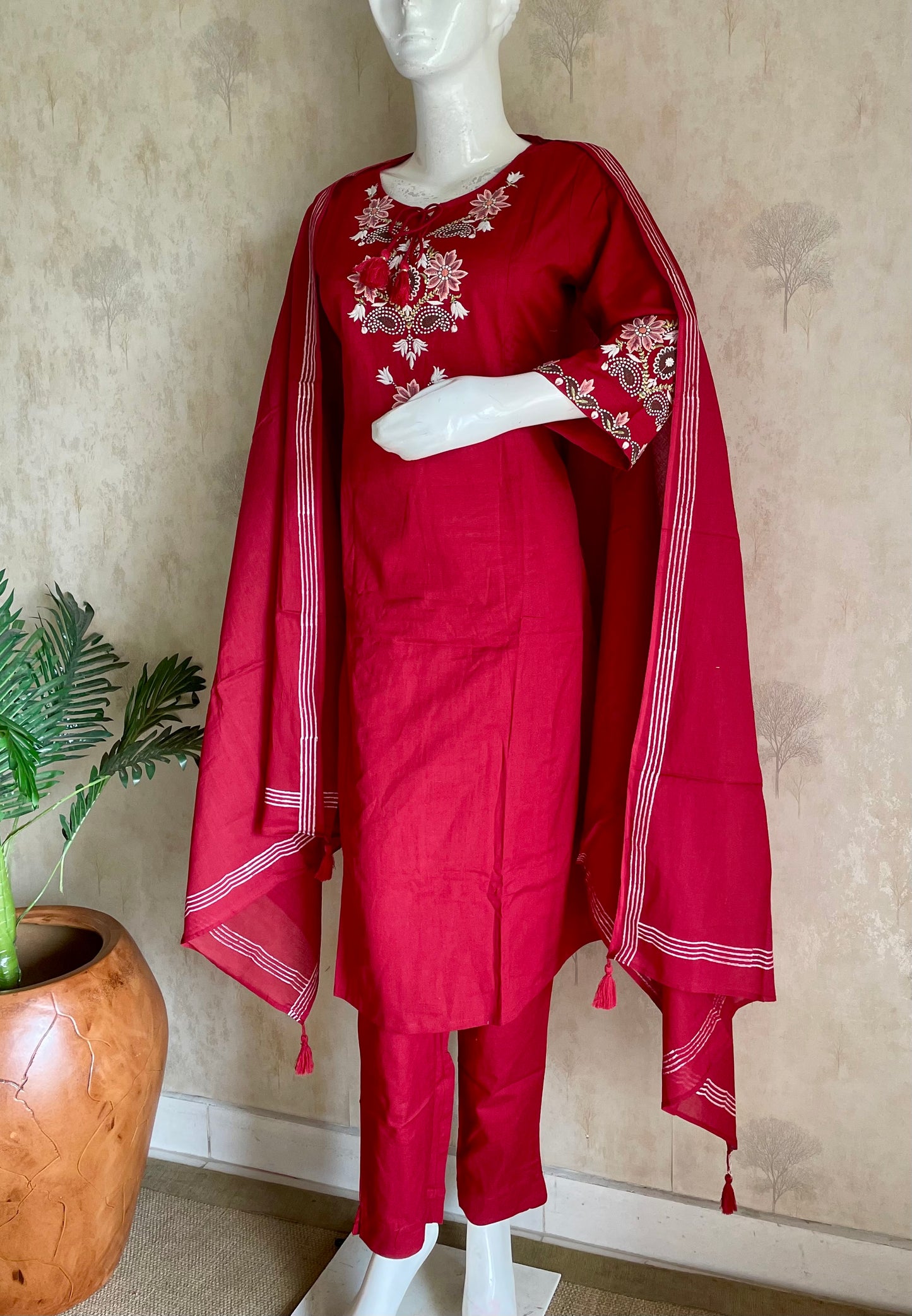RaasRa Crimson Reverie — Red Cotton Embroidery Kurta Set with Dupatta — view 2