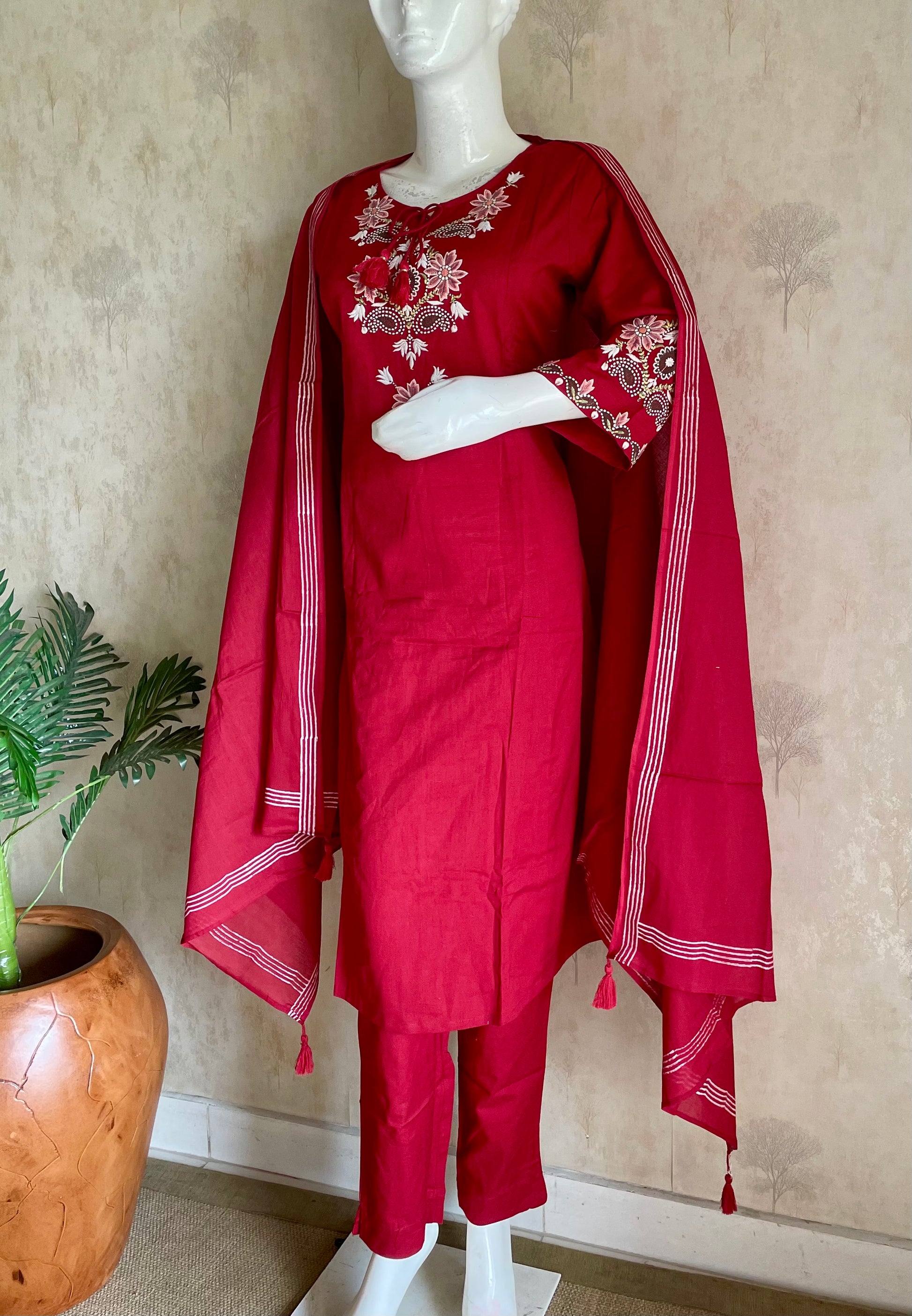 RaasRa Crimson Reverie — Red Cotton Embroidery Kurta Set with Dupatta — view 2