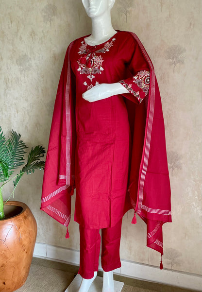 RaasRa Crimson Reverie — Red Cotton Embroidery Kurta Set with Dupatta — view 2