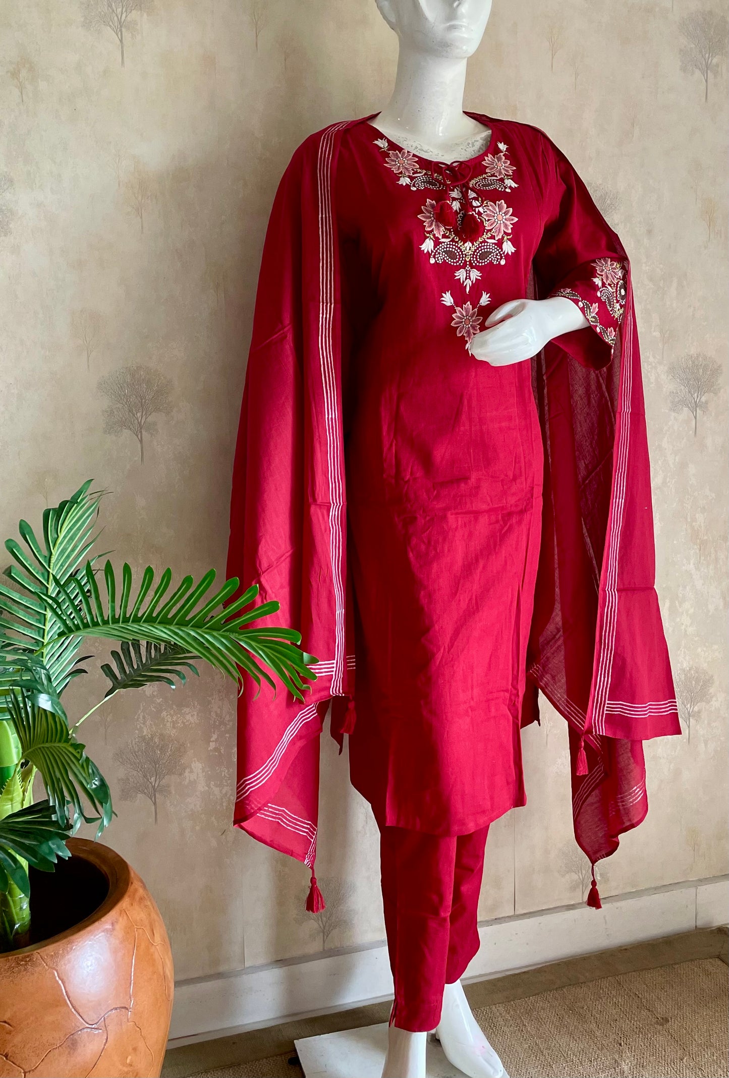 RaasRa Crimson Reverie — Red Cotton Embroidery Kurta Set with Dupatta — view 3