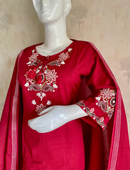 RaasRa Crimson Reverie — Red Cotton Embroidery Kurta Set with Dupatta — view 4