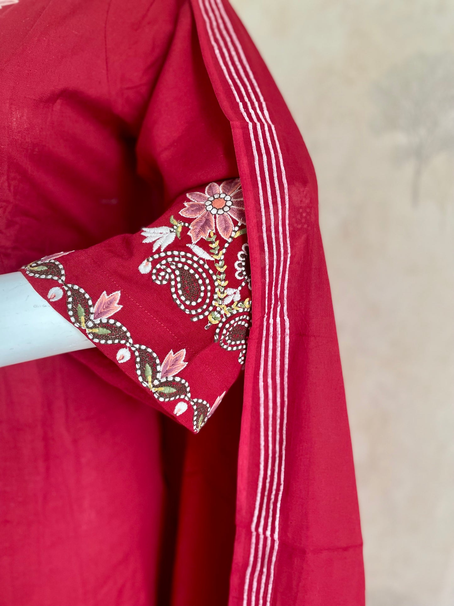 RaasRa Crimson Reverie — Red Cotton Embroidery Kurta Set with Dupatta — view 5
