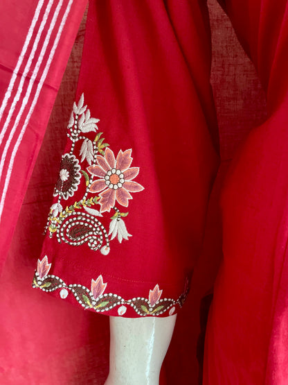 RaasRa Crimson Reverie — Red Cotton Embroidery Kurta Set with Dupatta — view 6