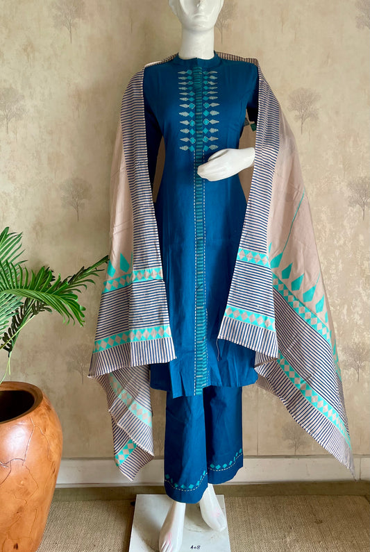 RaasRa teel-blue handblock handloom cotton kurta set with striped dupatta