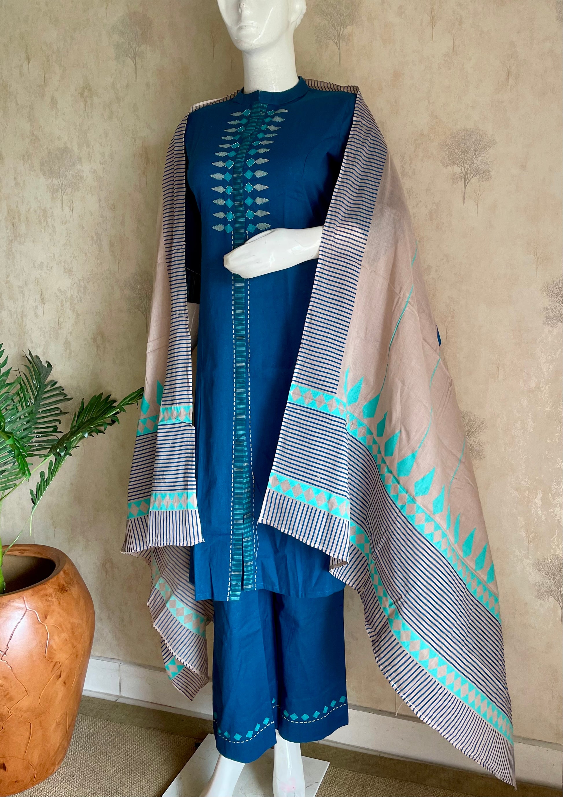 RaasRa Deep in Teel-Blue — Handblock Cotton Kurta Set with Striped Dupatta — view 2