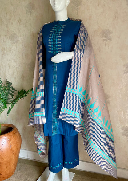 RaasRa Deep in Teel-Blue — Handblock Cotton Kurta Set with Striped Dupatta — view 2
