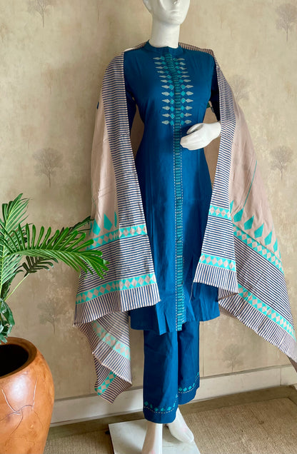 RaasRa Deep in Teel-Blue — Handblock Cotton Kurta Set with Striped Dupatta — view 3