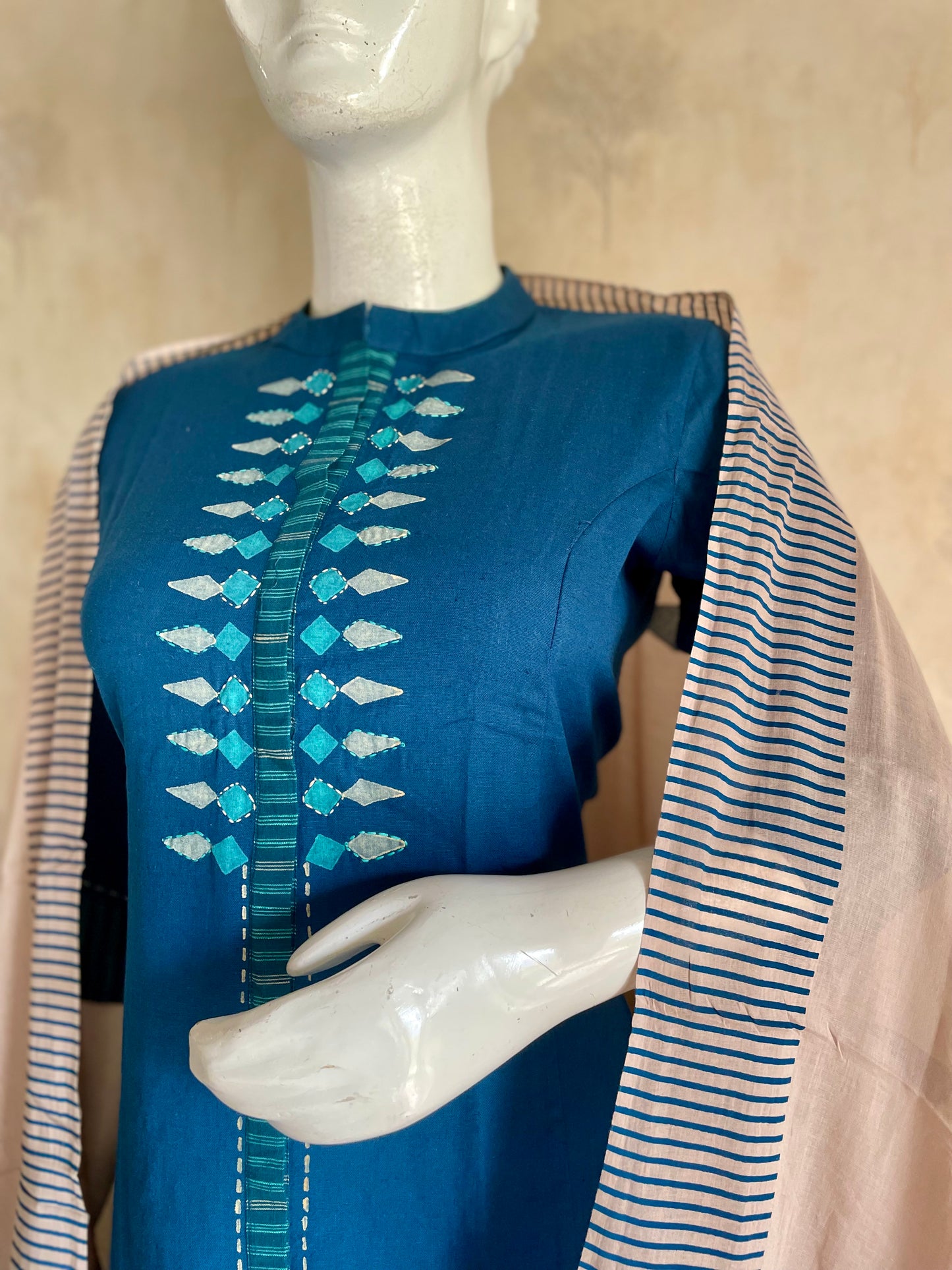 RaasRa Deep in Teel-Blue — Handblock Cotton Kurta Set with Striped Dupatta — view 4