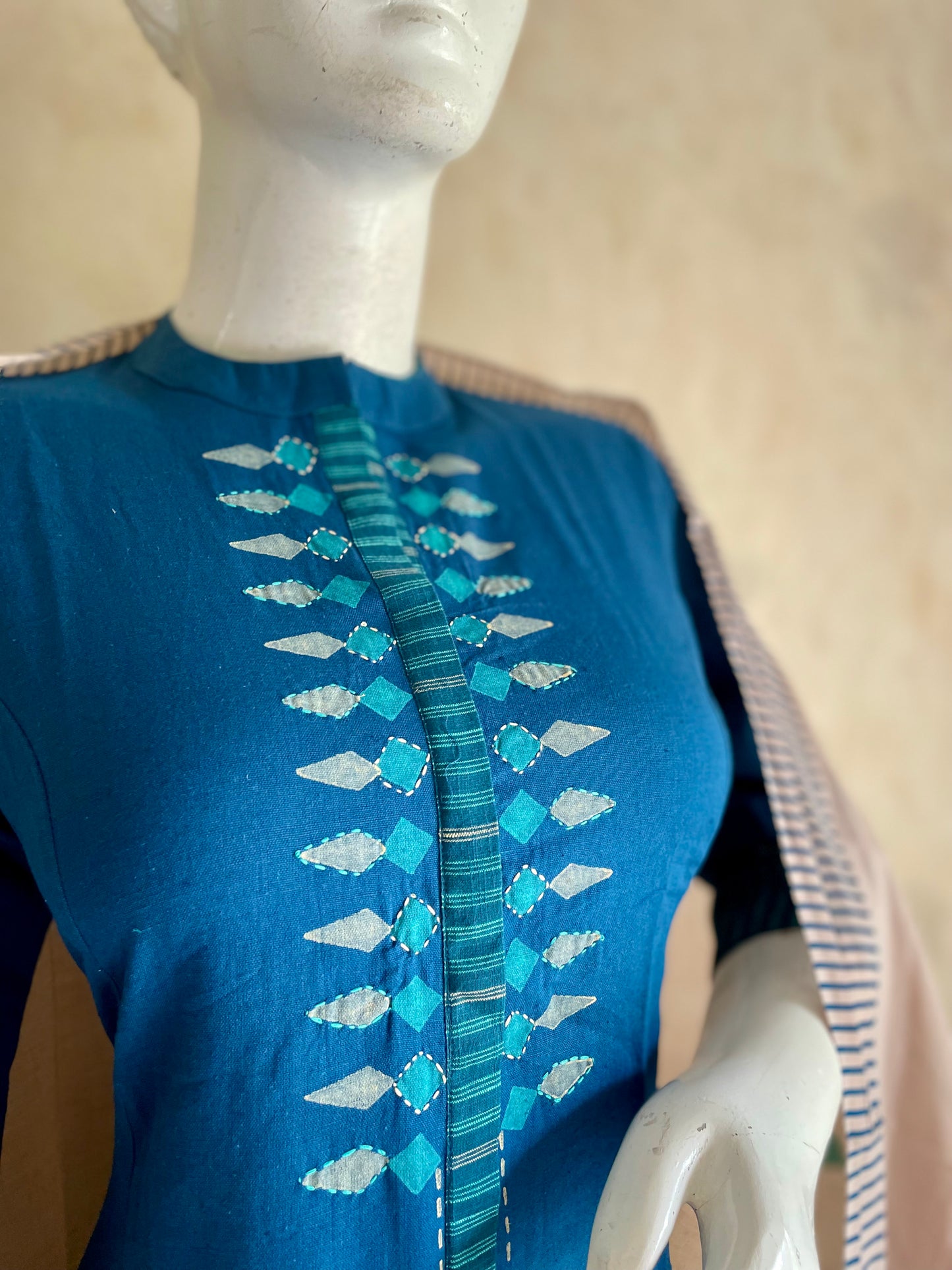 RaasRa Deep in Teel-Blue — Handblock Cotton Kurta Set with Striped Dupatta — view 5
