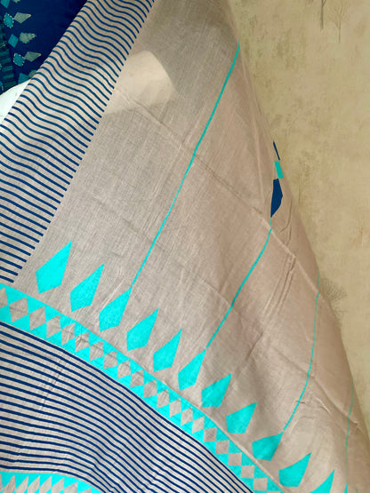 RaasRa Deep in Teel-Blue — Handblock Cotton Kurta Set with Striped Dupatta — view 7