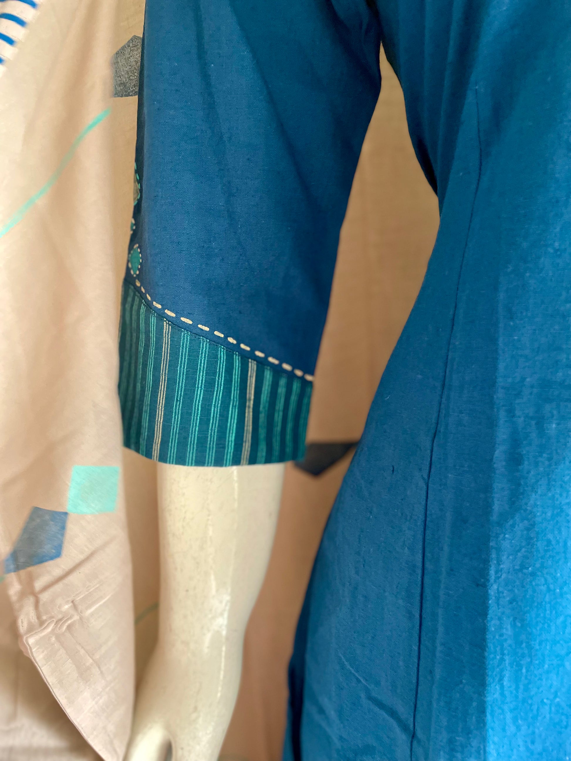 RaasRa Deep in Teel-Blue — Handblock Cotton Kurta Set with Striped Dupatta — view 8