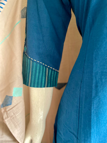 RaasRa Deep in Teel-Blue — Handblock Cotton Kurta Set with Striped Dupatta — view 8