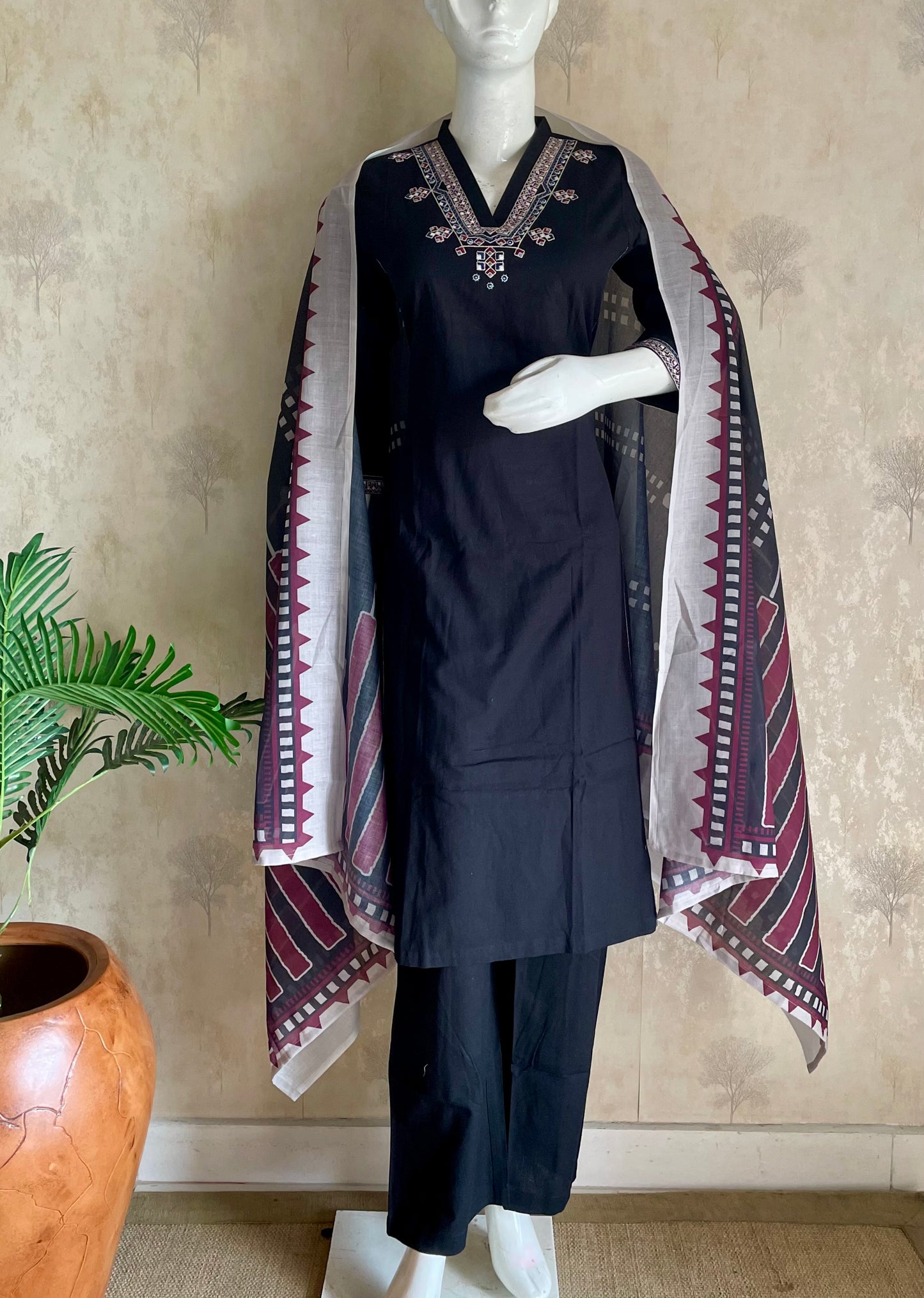 RaasRa black handloom cotton embroidered kurta set with geometric dupatta