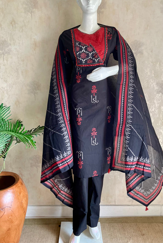 RaasRa black handblock cotton kurta set with printed dupatta and pant