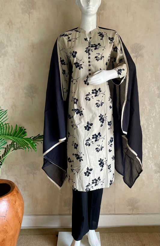 RaasRa Off- white floral print cotton kurta set with navy dupatta