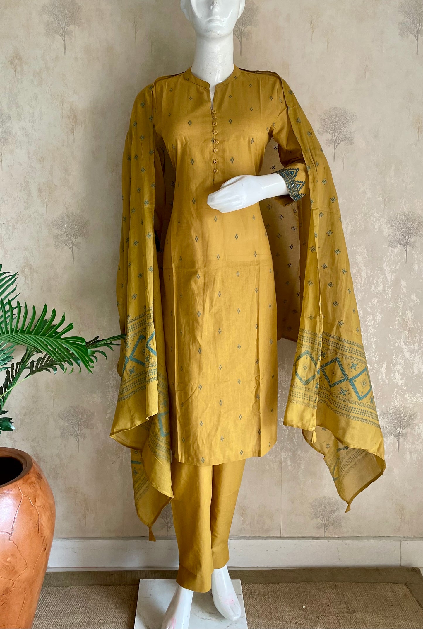 RaasRa mustard handloom cotton embroidered kurta set with dupatta and pants