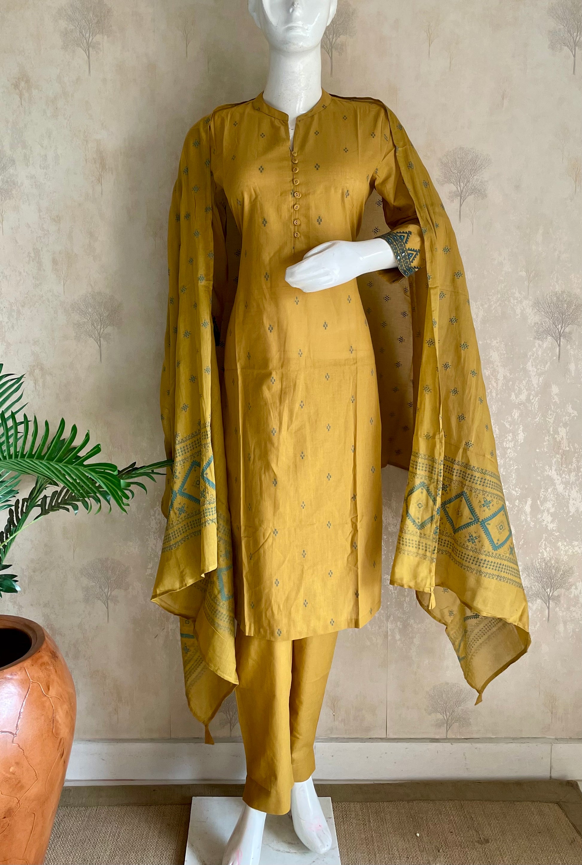 RaasRa mustard handloom cotton embroidered kurta set with dupatta and pants