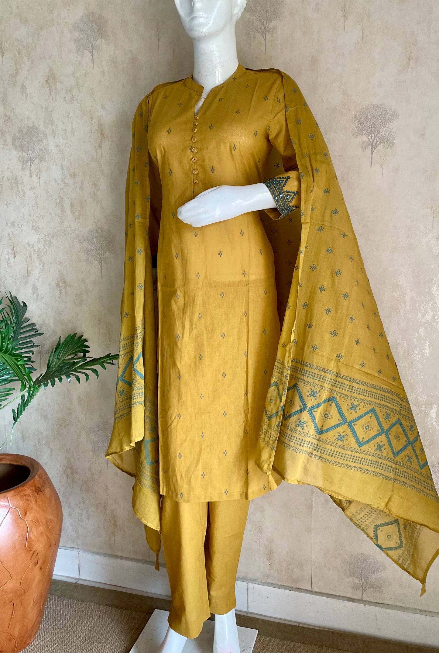 RaasRa Golden Hour Drape — Mustard Handloom Cotton Kurta Set with Embroidery — view 2