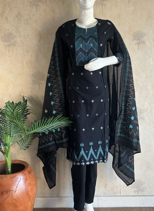 Black Cotton Jamdani Kurta Set