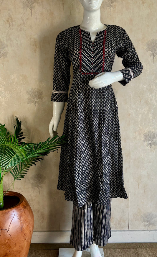 Deep Brown Bagh Print A-Line Cotton Kurta Set