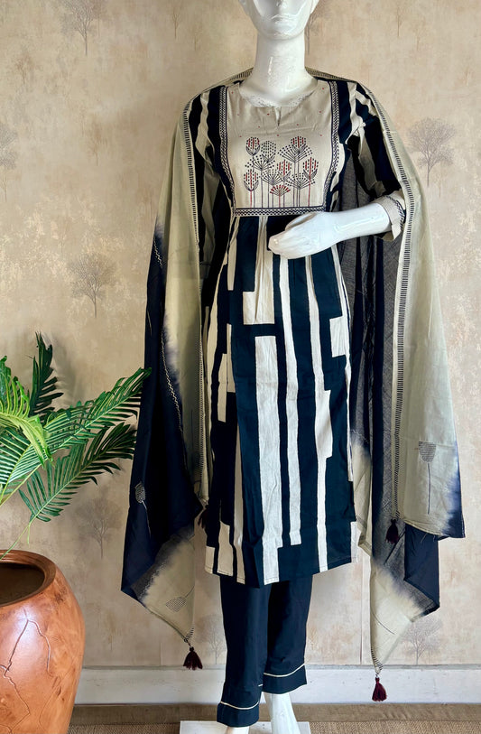 Geometric Black & Beige Cotton Suit