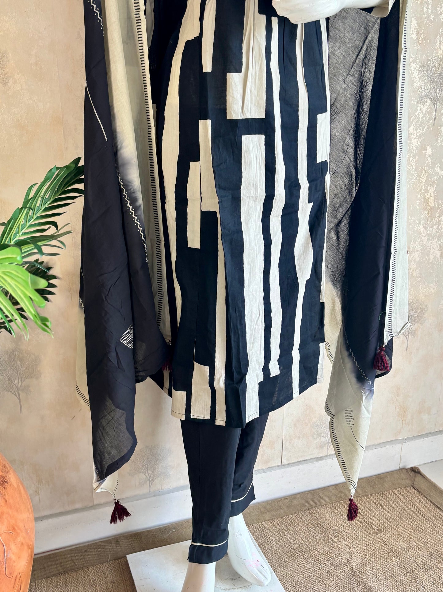 Geometric Black & Beige Cotton Suit