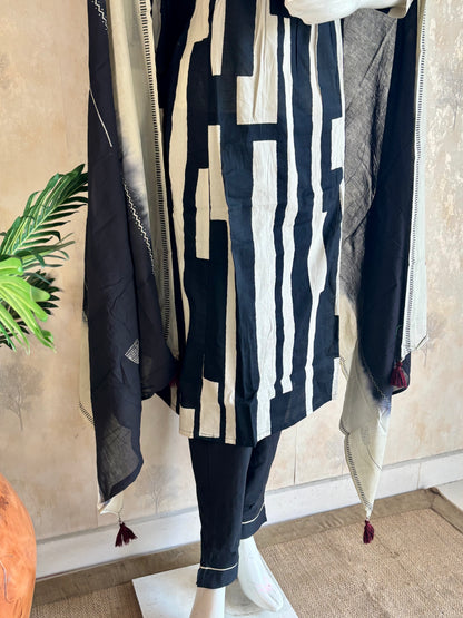 Geometric Black & Beige Cotton Suit