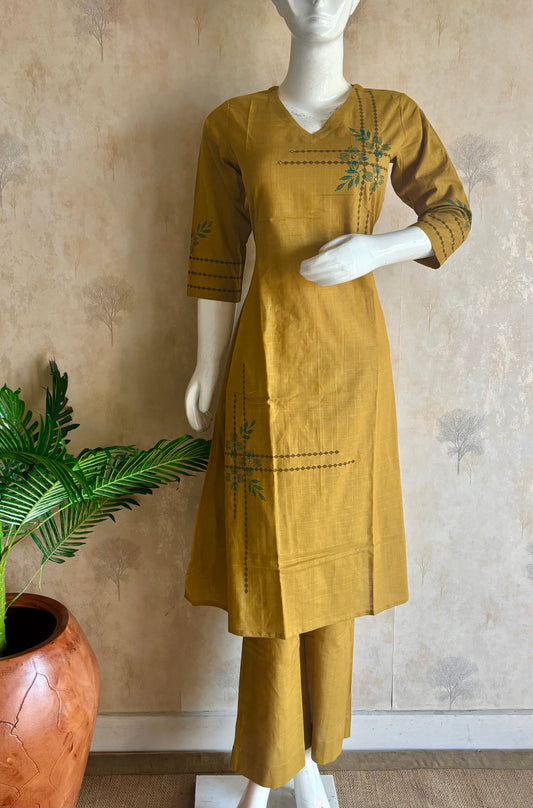 Golden Mustard Handloom Cotton A-Line Kurta Set