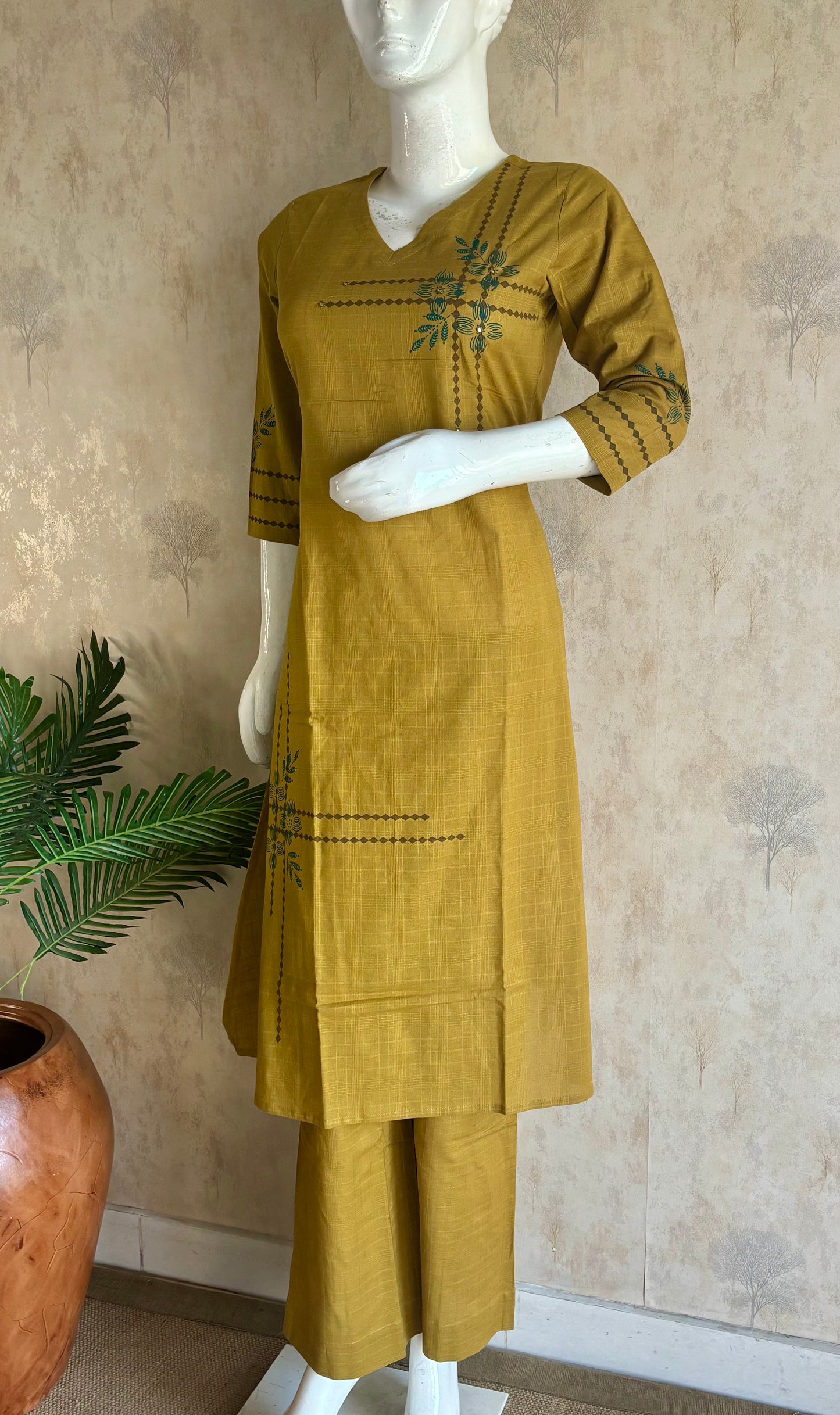 Golden Mustard Handloom Cotton A-Line Kurta Set