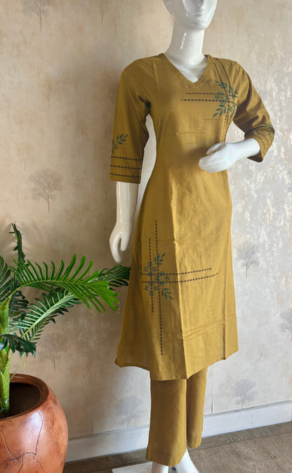 Golden Mustard Handloom Cotton A-Line Kurta Set