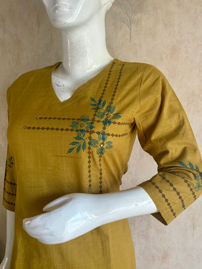 Golden Mustard Handloom Cotton A-Line Kurta Set